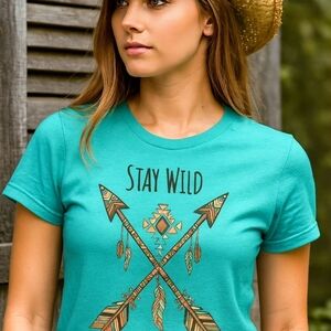 Stay Wild Tribal Arrows Tee • Boho Western Graphic Shirt • Turquoise/Beige